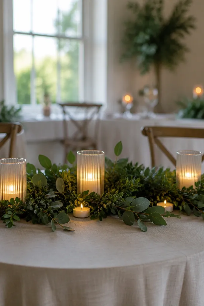 Low greenery garland with cream candles spaced along a table