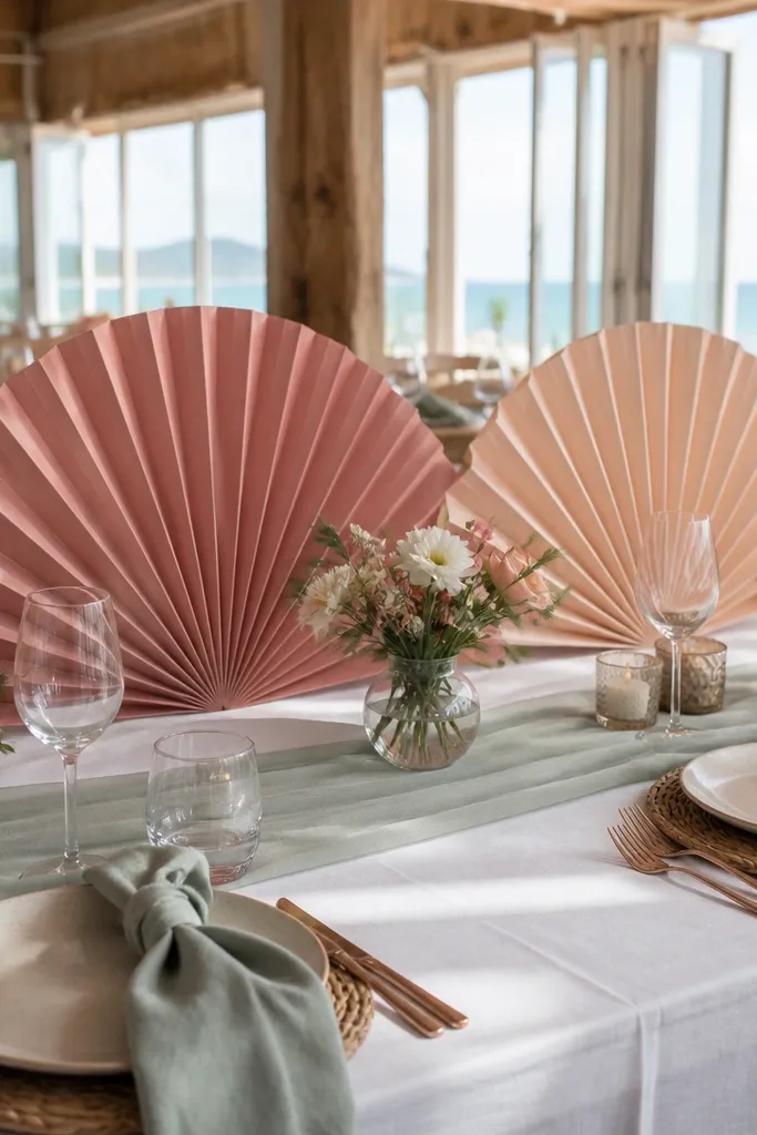 Pastel paper fans behind plates with sage napkins on a table