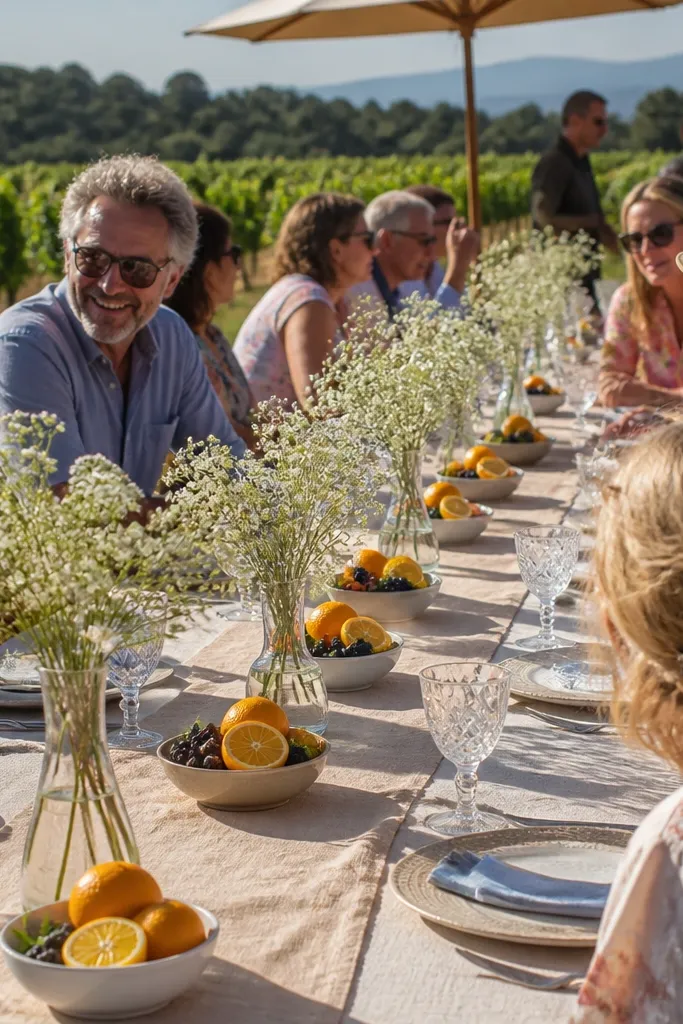 Lemons and small white flowers in a row across a table