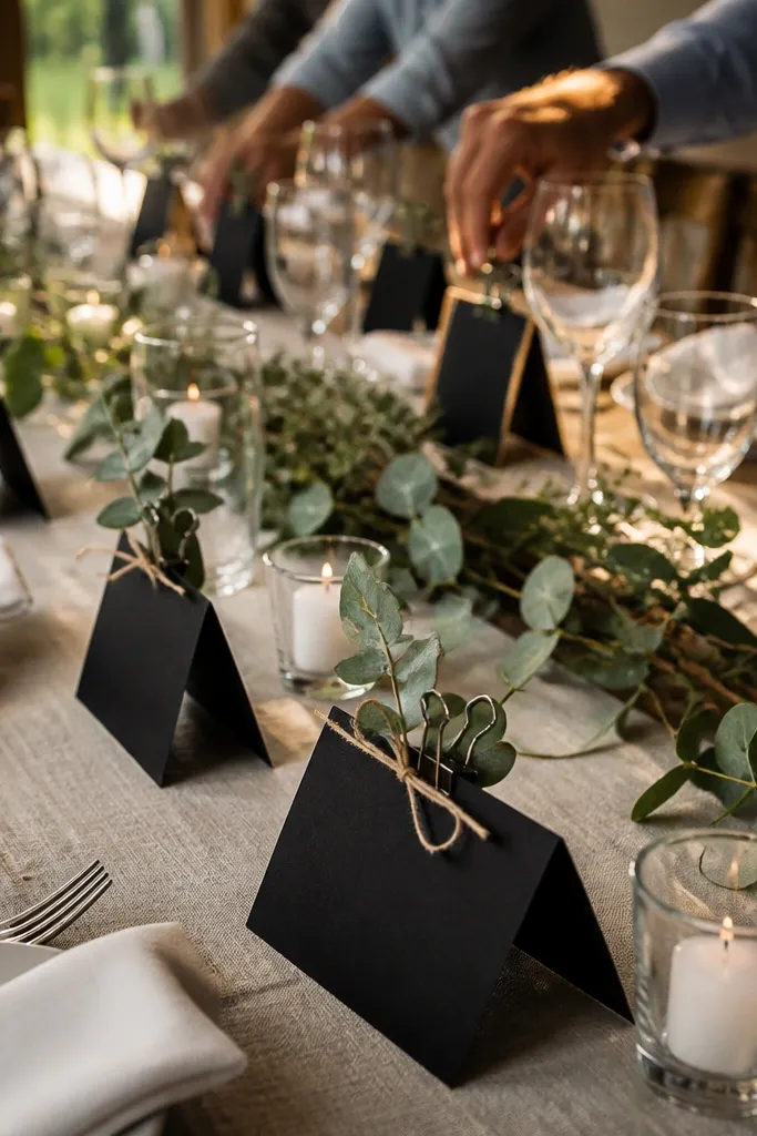 Small chalkboard cards with green sprigs clipped at table seats