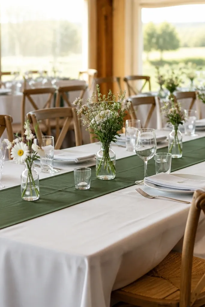 White tablecloth with a thin black runner down the center