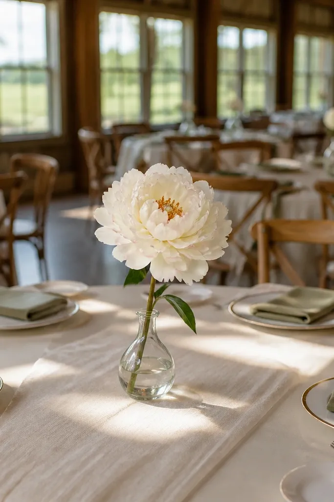 One tall single stem in a small vase on a minimal table