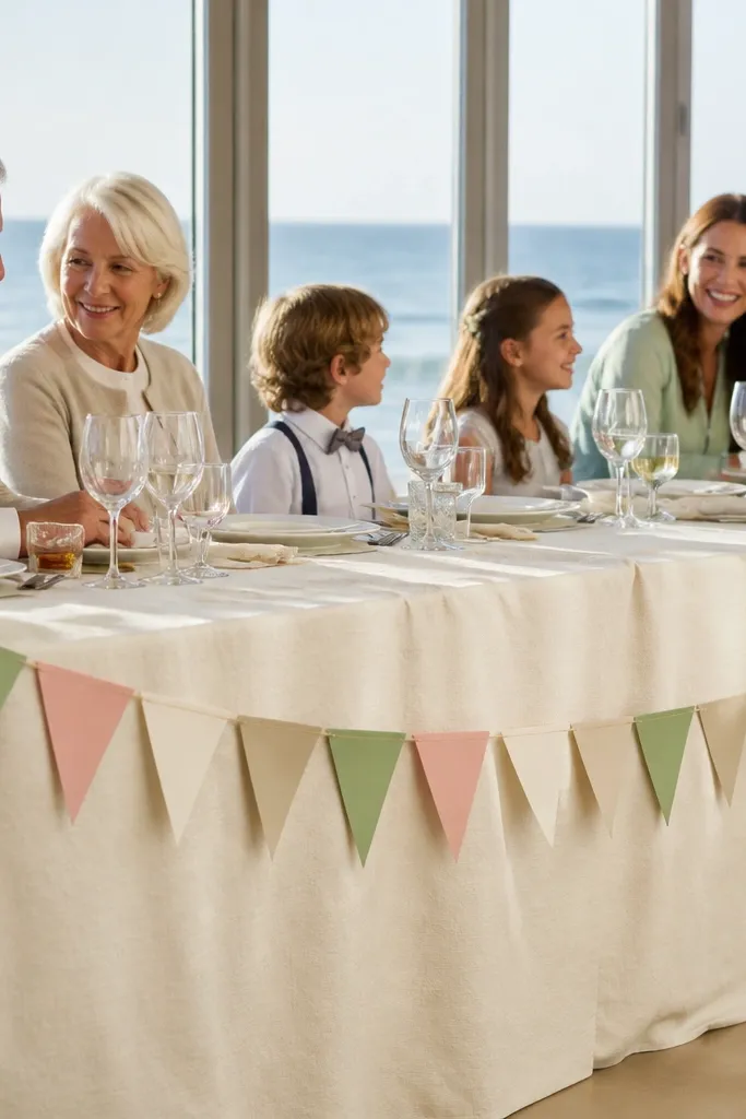 Pastel triangle paper garland draped along the edge of a table runner