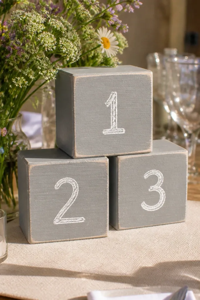 Small wooden blocks with chalk table numbers on a reception table