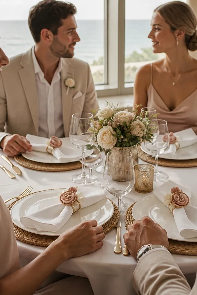 Fabric flower napkin rings with small monogram letters on napkins