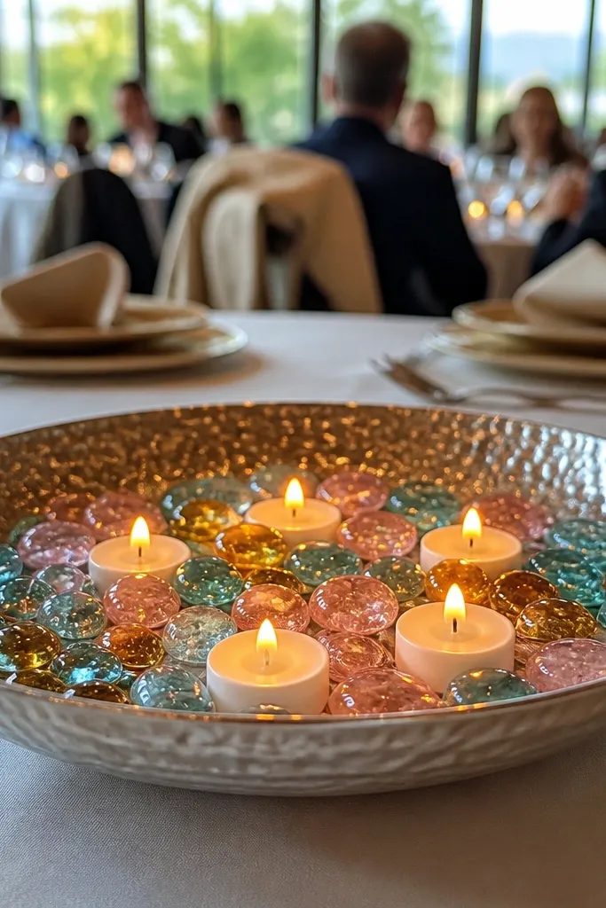 Low tray with LED tea lights and colored stones on a wedding table