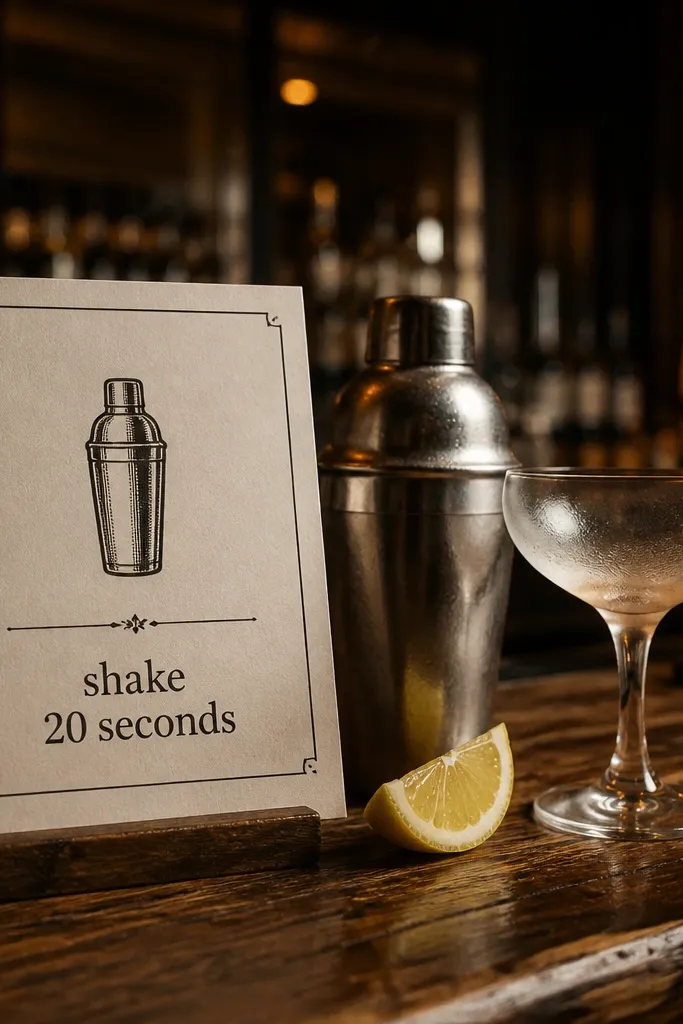 White card with a black cocktail shaker icon and text about shake time