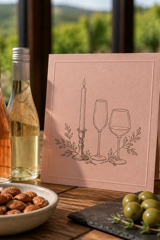 Soft blush card with burgundy text and a short "first pour" line