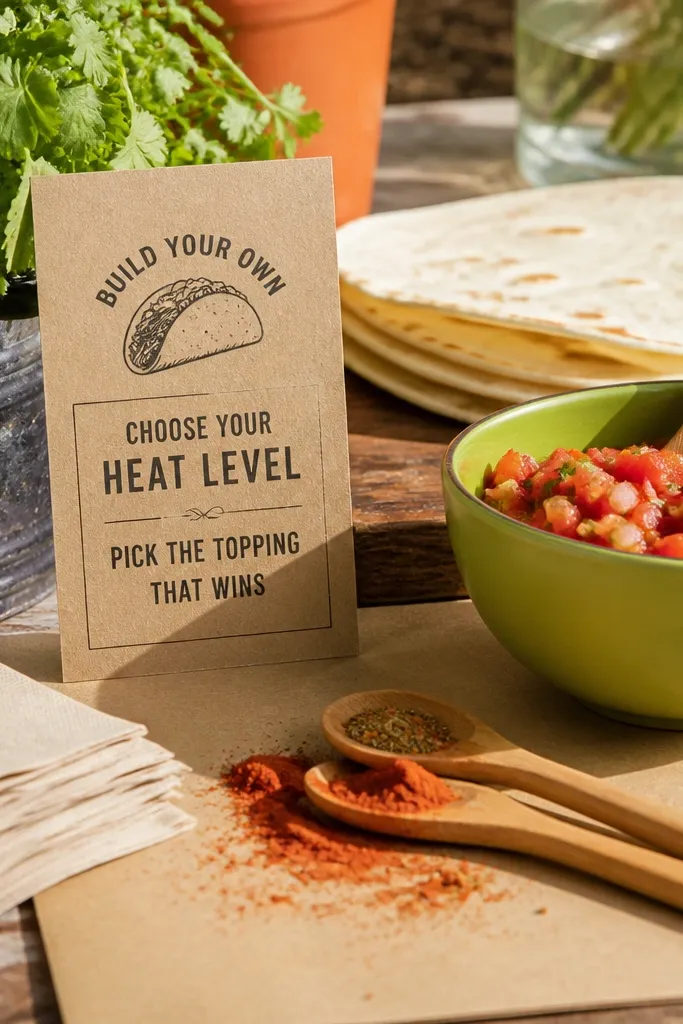 Sand-colored card with black text and a small taco icon