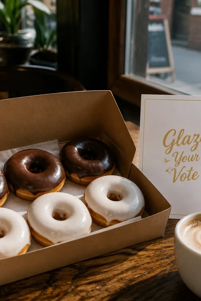White card inside a clear donut box, with gold text about voting