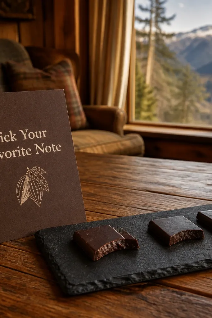 Deep chocolate-brown card with light cream text about choosing a favorite note