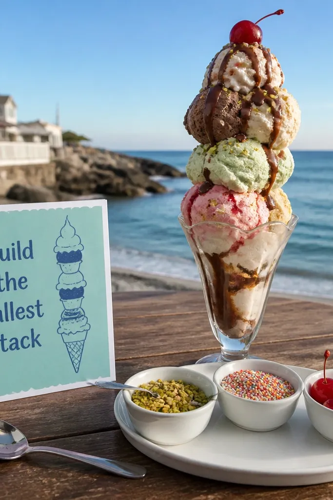Powder blue card with white text about building the tallest stack
