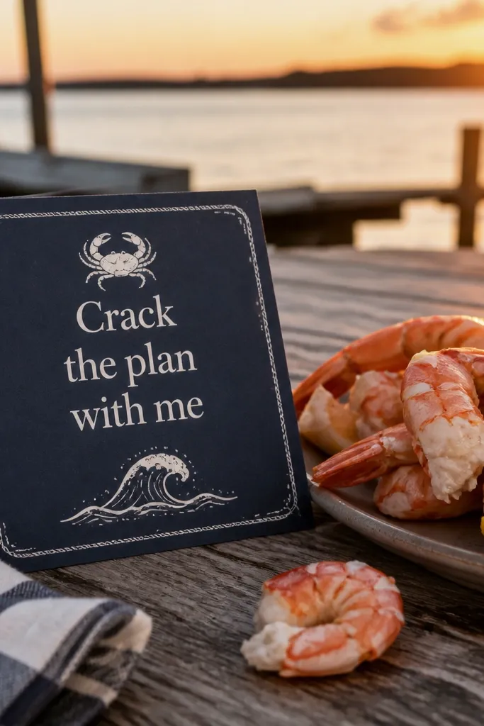 Navy card with white text about cracking the plan and a small crab icon