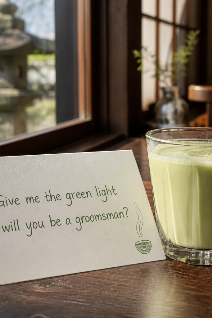 White card with sage green text and a small matcha bowl icon