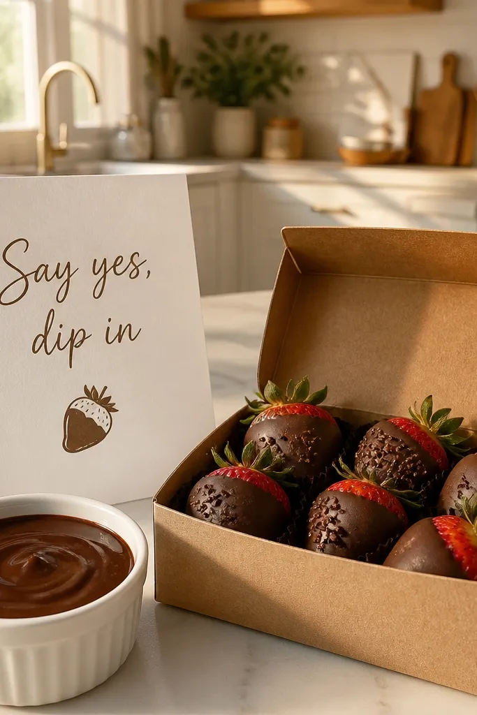 White card with deep cocoa text about dipping strawberries