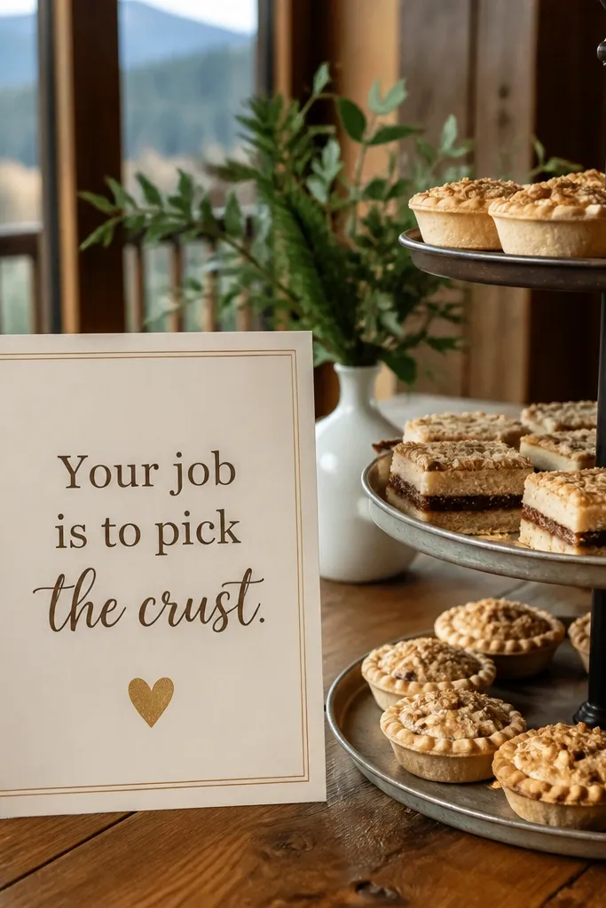 Ivory card with brown text and a small pie slice icon about picking the crust