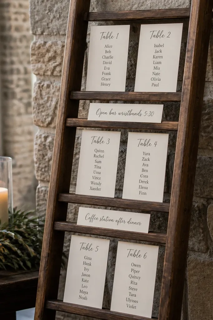 Small stained wood ladder holding cards labeled with table numbers and drink timing