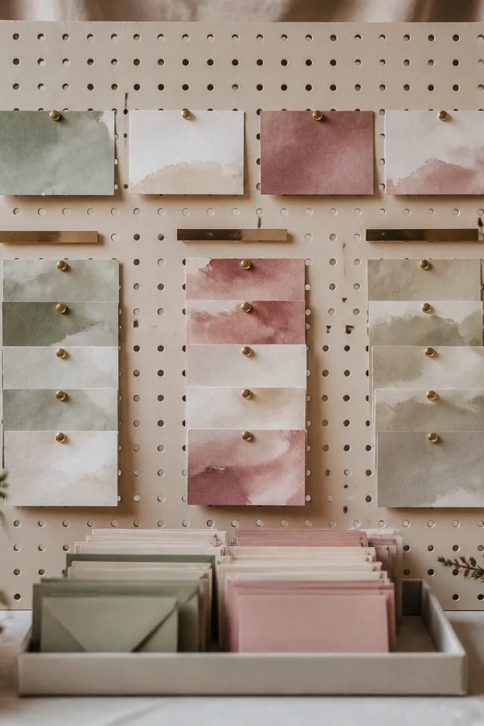 Pegboard covered with fabric, holding pinned cards for tables and beverage stations