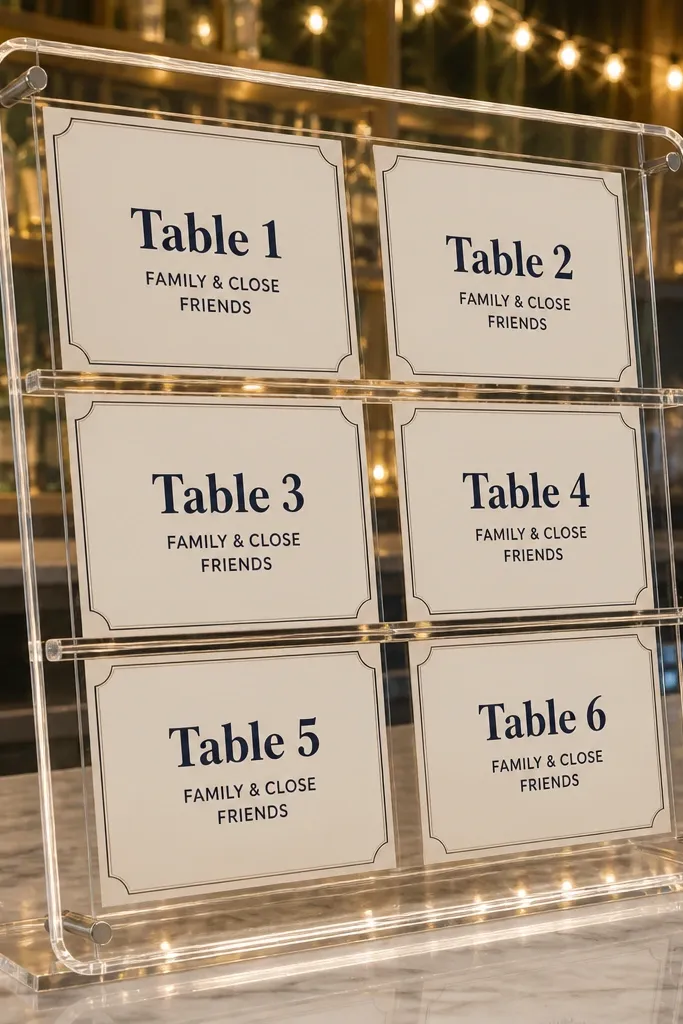 Clear stand with acrylic sleeves holding printed cards for tables and drink stations