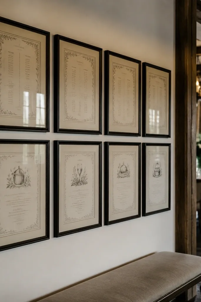 Collage of small frames showing table groups and drink station notes in a grid