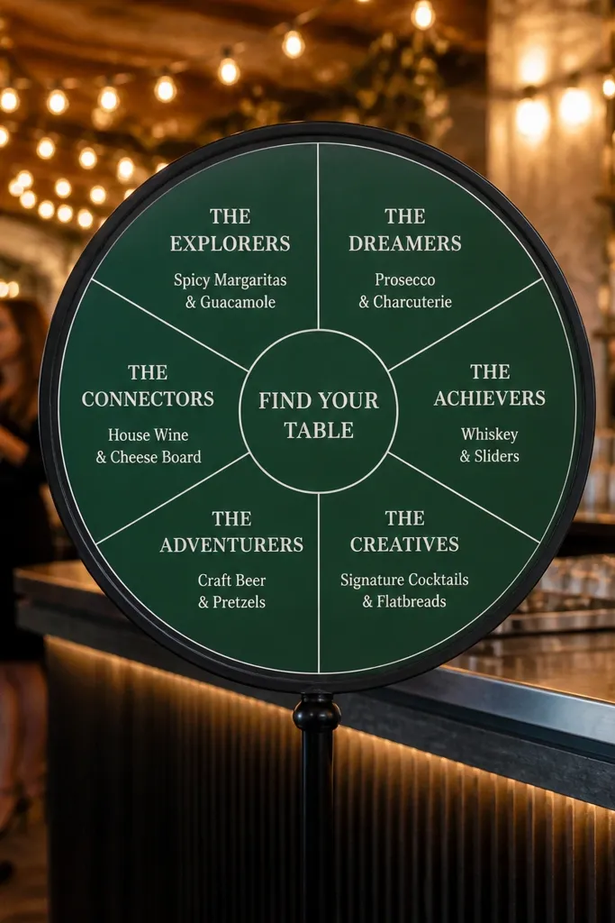 Round sign stand divided into segments for tables and drink station notes