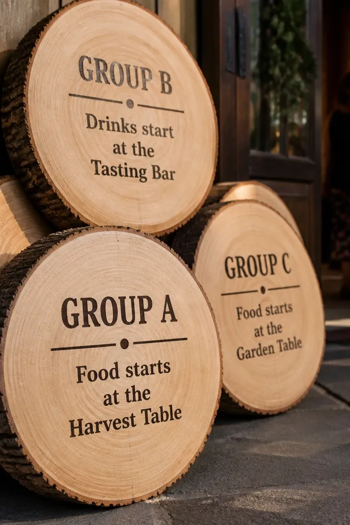 Wood slice sign with bold vinyl table group headings and small drink notes