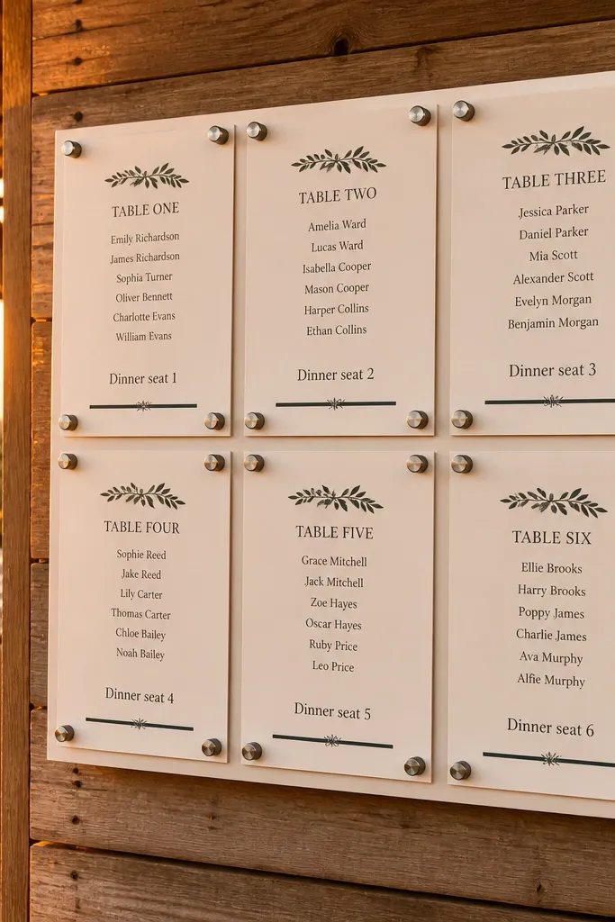 Thick foam board with multiple A4 cards showing table groups and drink notes