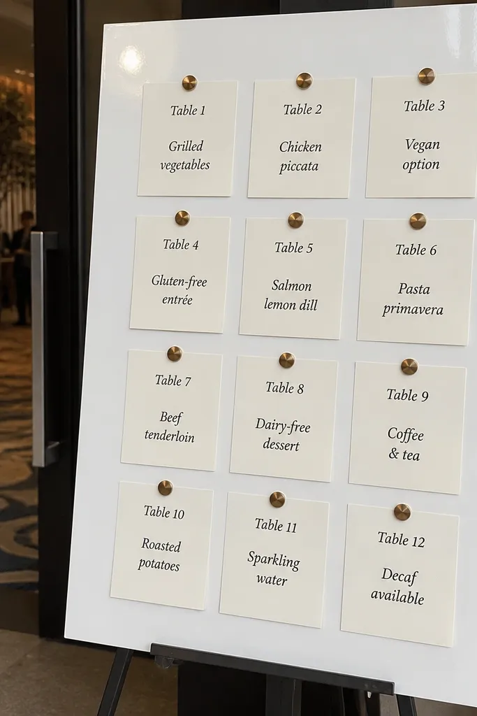 White metal panel with magnetic cards for table groups and beverage timing