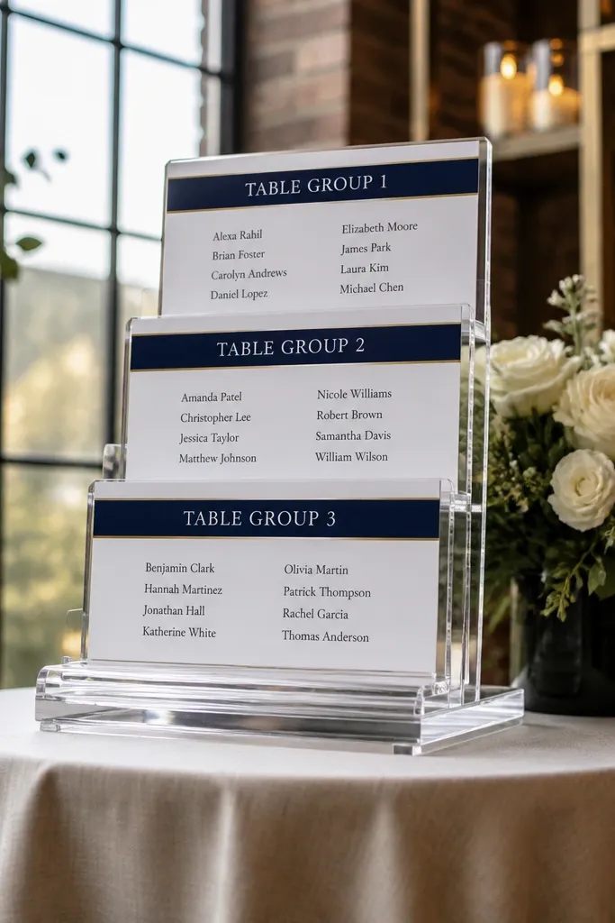 Tiered clear riser with cards that have color bands for each table group