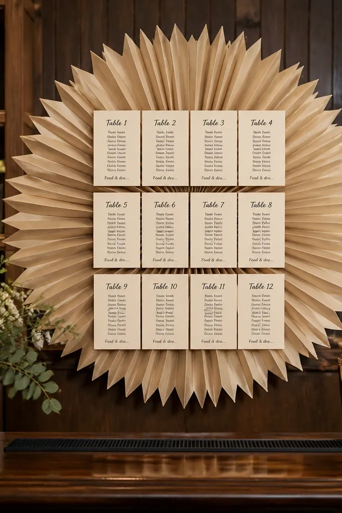 Sunburst paper fan backdrop with table group cards pinned in a neat pattern