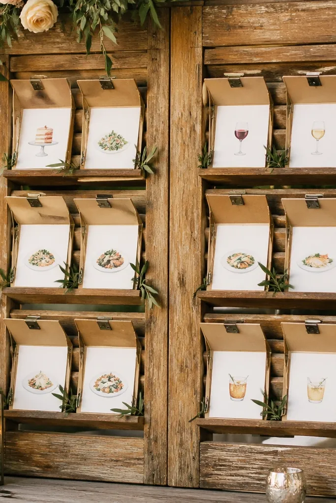 Open vintage shutters with hinged cards showing table groups and drink notes