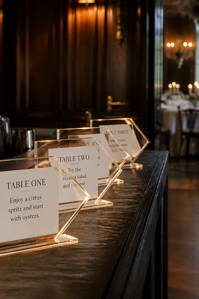Clear acrylic arrows pointing to table group labels and food/drink notes along a path