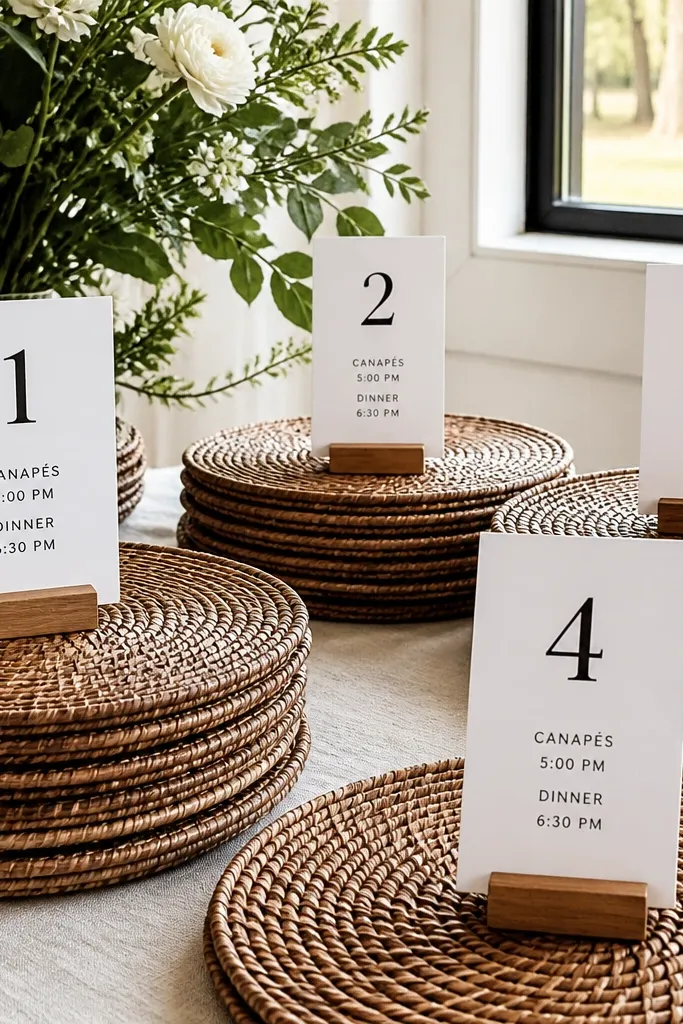 Round woven rattan chargers holding carded table numbers and drink notes