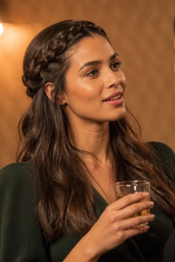 A thin braided halo across the top with loose wavy hair below