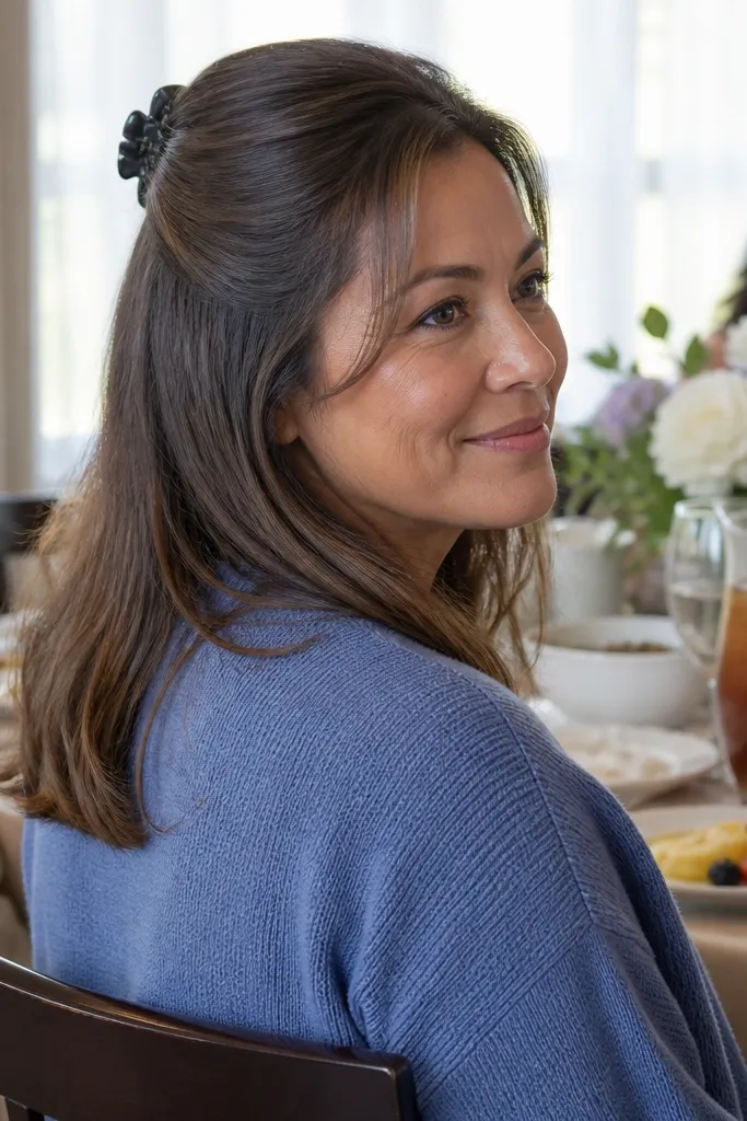 Half-up hair clipped with a claw clip and textured ends