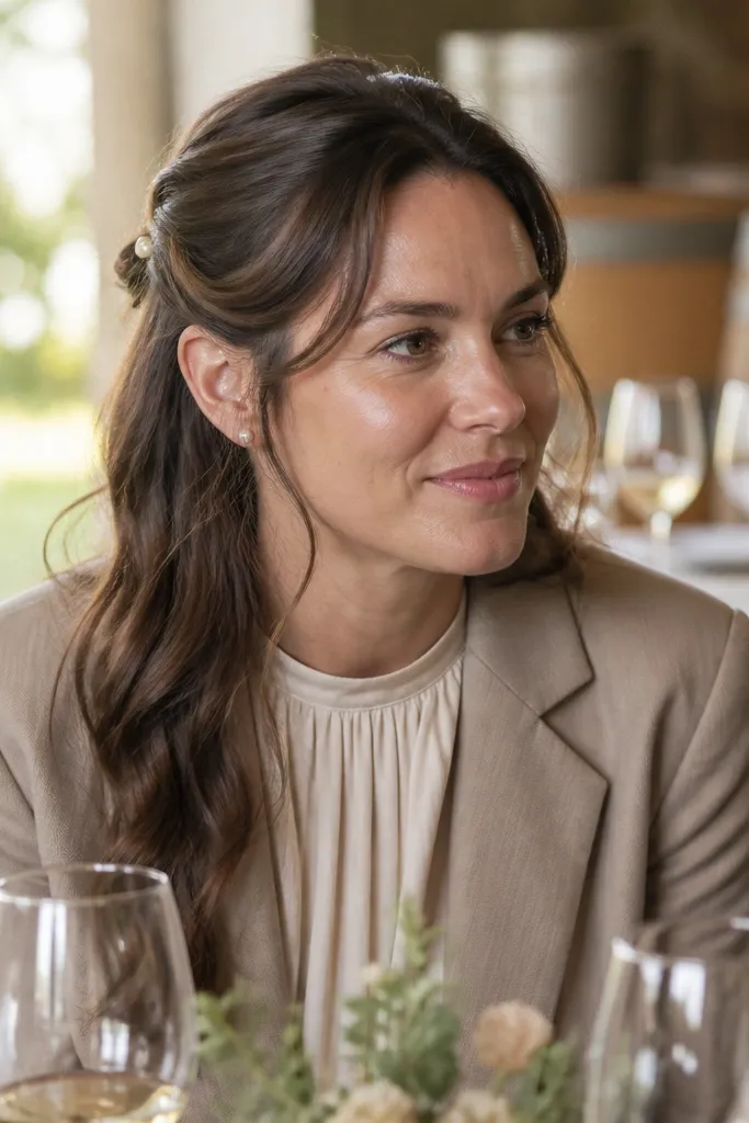 Half-up pinned hair with looped side strands tucked behind