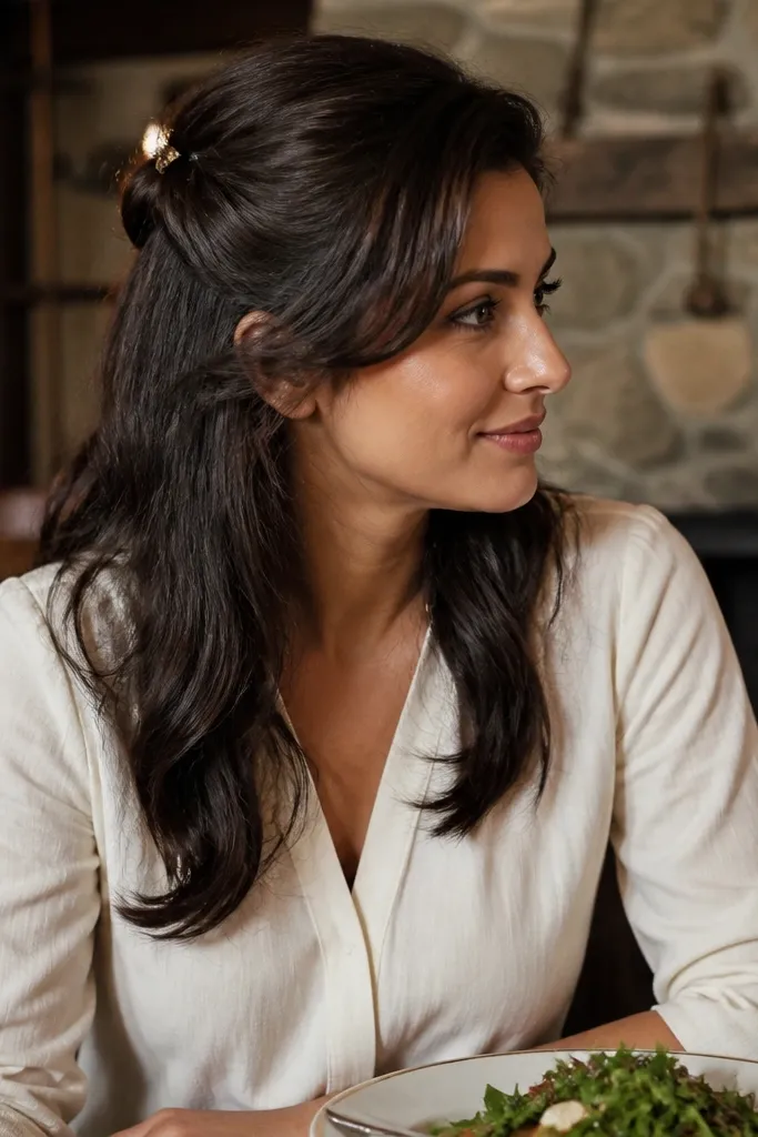 Side part with twist-and-pin half-up and feathered hair ends