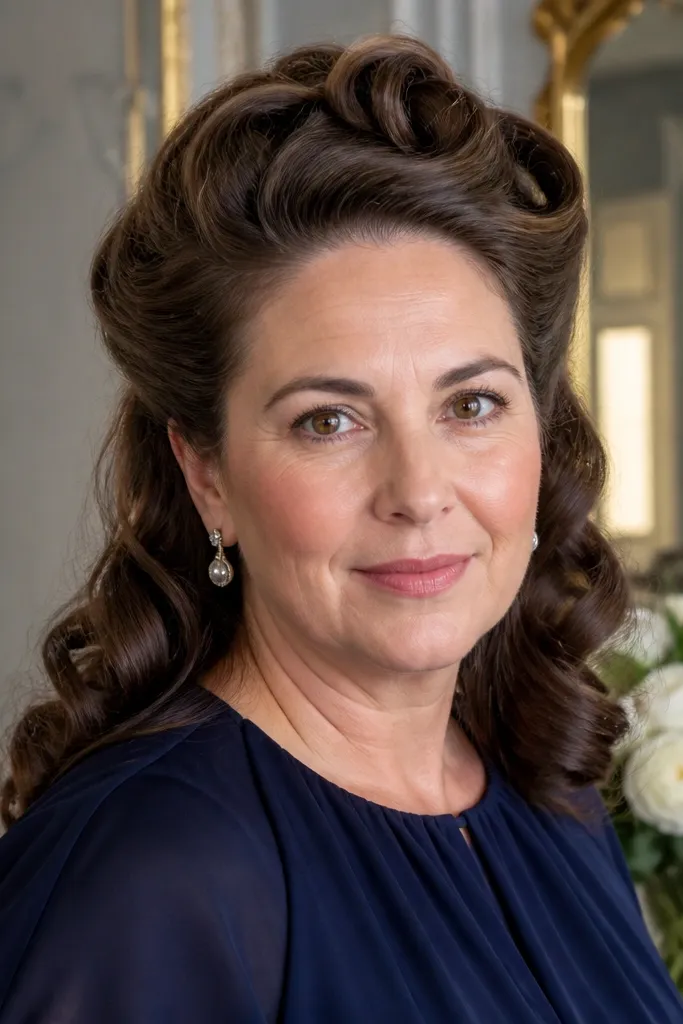 Small pin curls at the crown with half-up pinned hair and loose waves