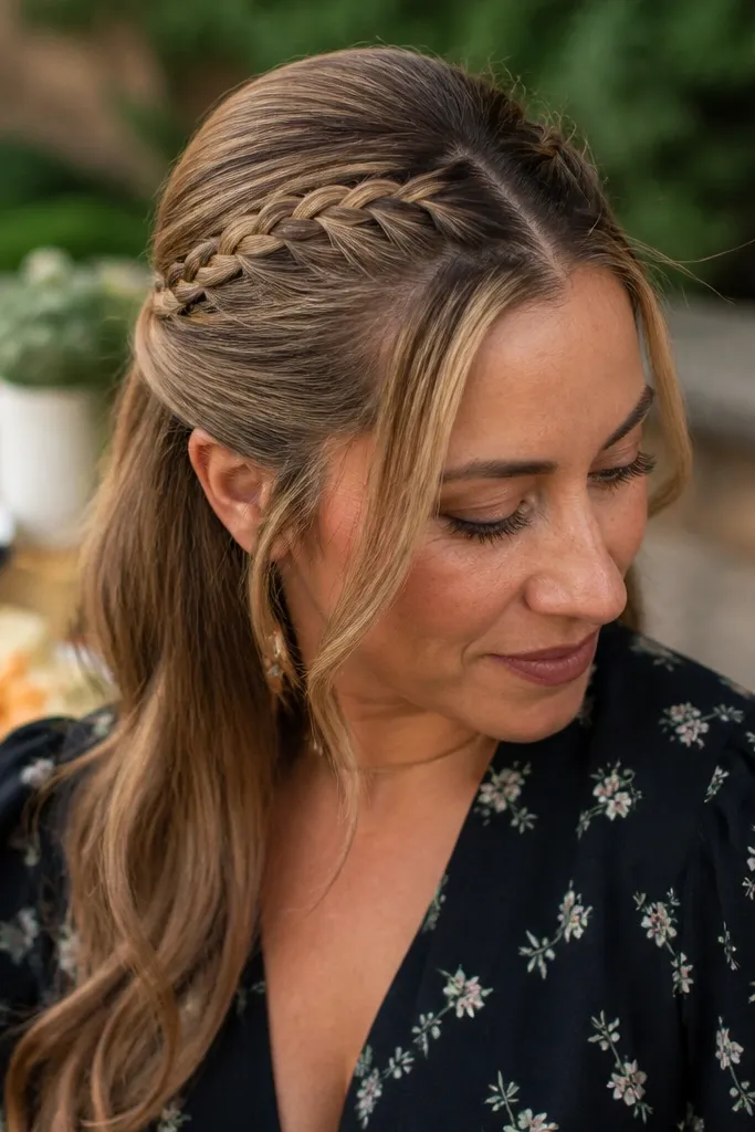 Two-strand braid half-up creating a ribbon-like look