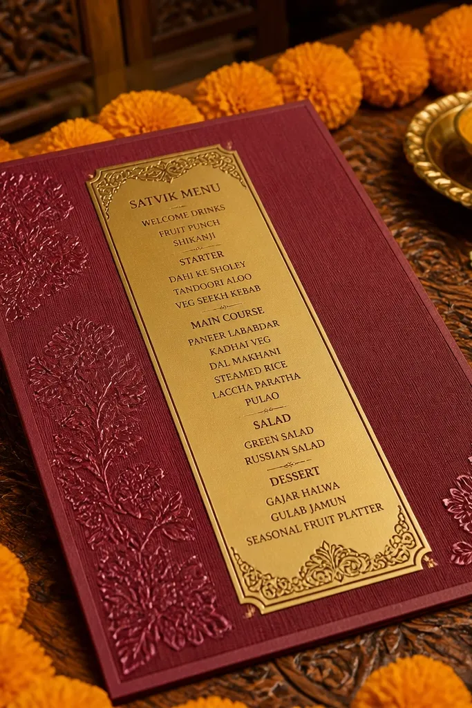 Red marigold border with a gold menu strip listing satvik starters and lassi