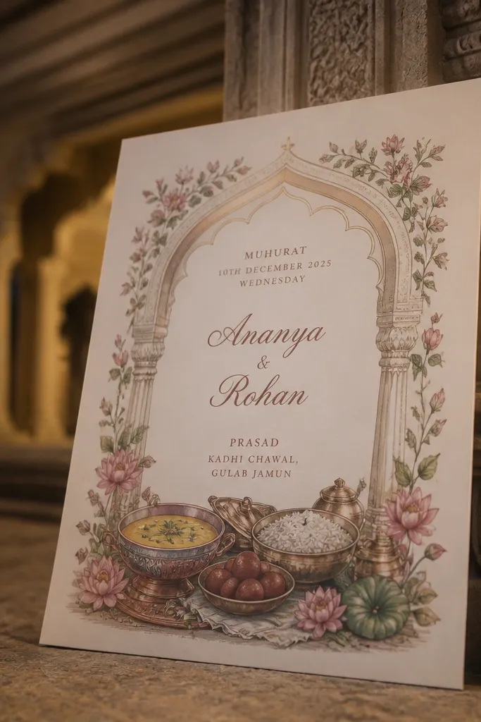 Golden temple arch card with prasad and fruit drink note