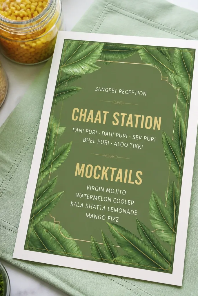 Green banana leaf panel with a chaat station and mocktail line