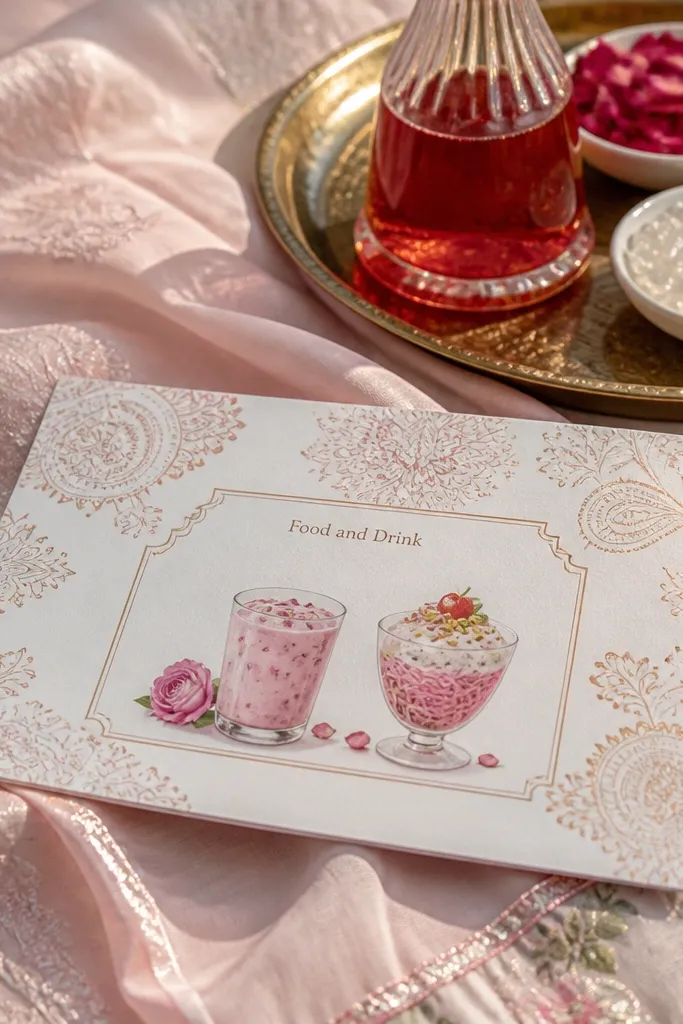 Pastel mehendi pattern card with rose milk and falooda in a boxed block
