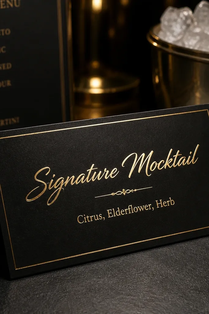 Black and gold modern invite with a signature mocktail wording strip