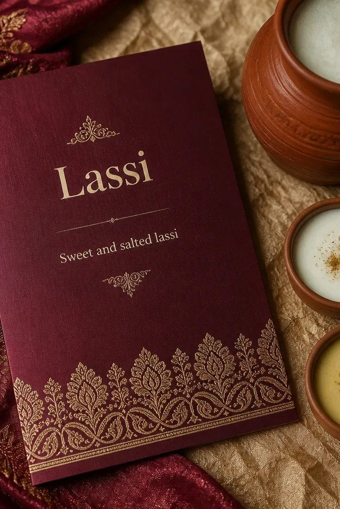 Red maroon silk-texture card with a double lassi header and menu lines