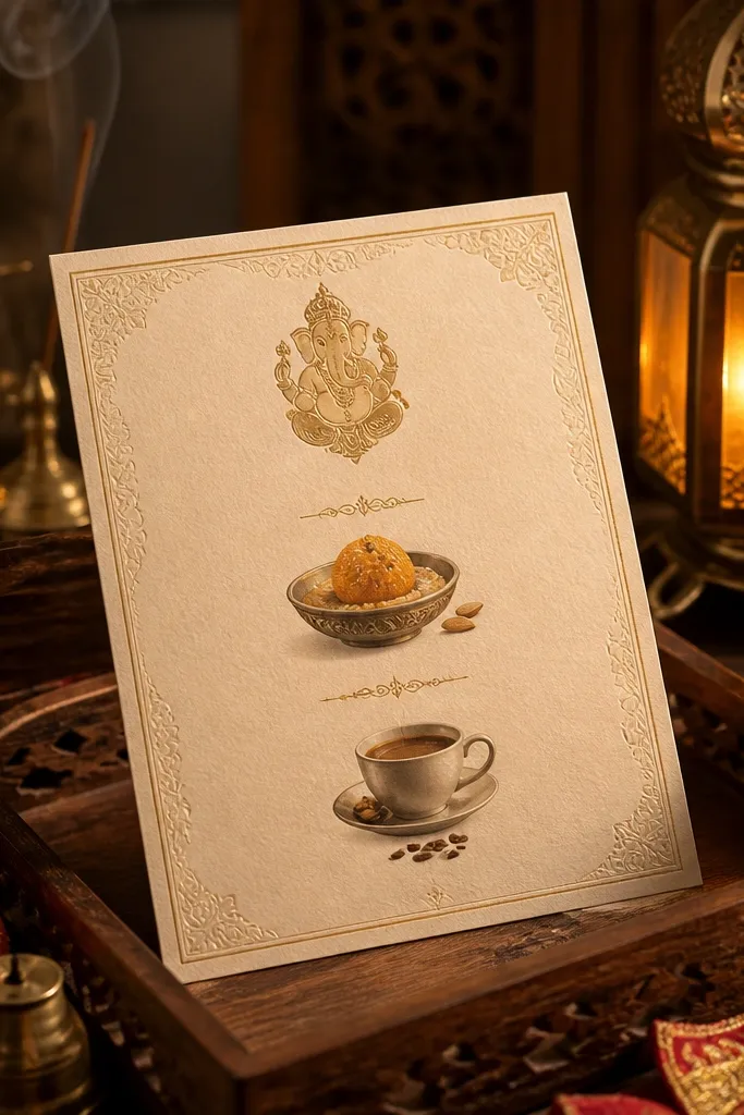 Ganesha motif with a sweet dish header and tea serving line