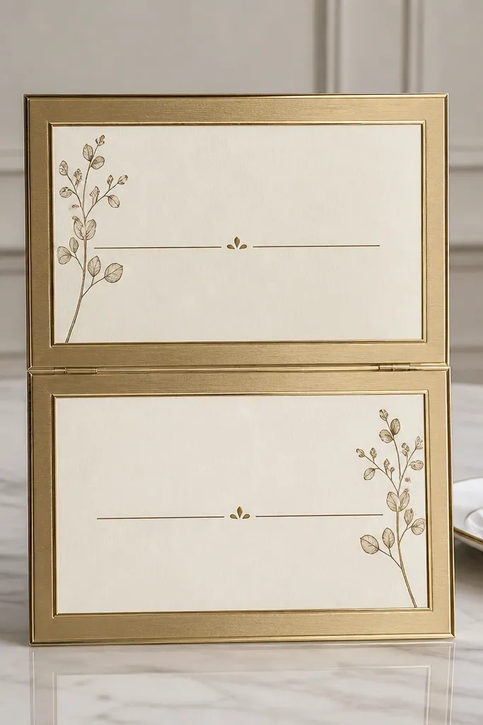 Champagne gold framed card with dinner and dessert wording panel