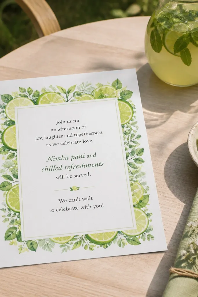 Ivory card with lime green accents and nimbu pani wording