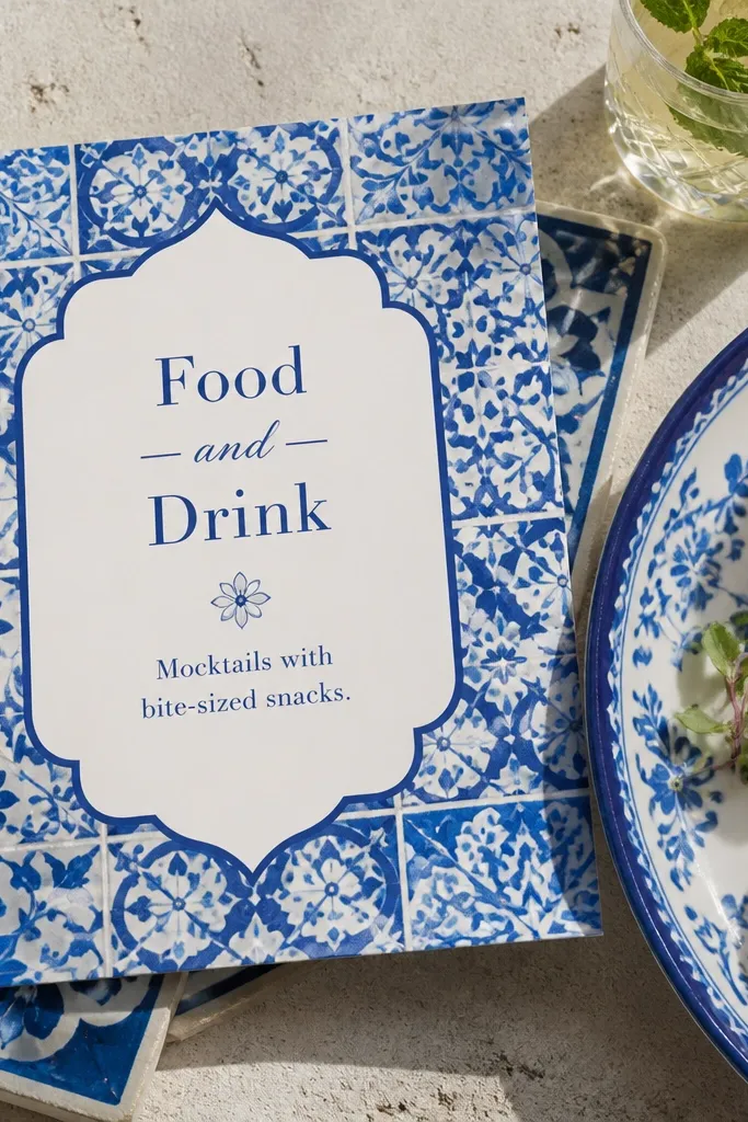 Blue and white tile pattern card with mocktail pairing text