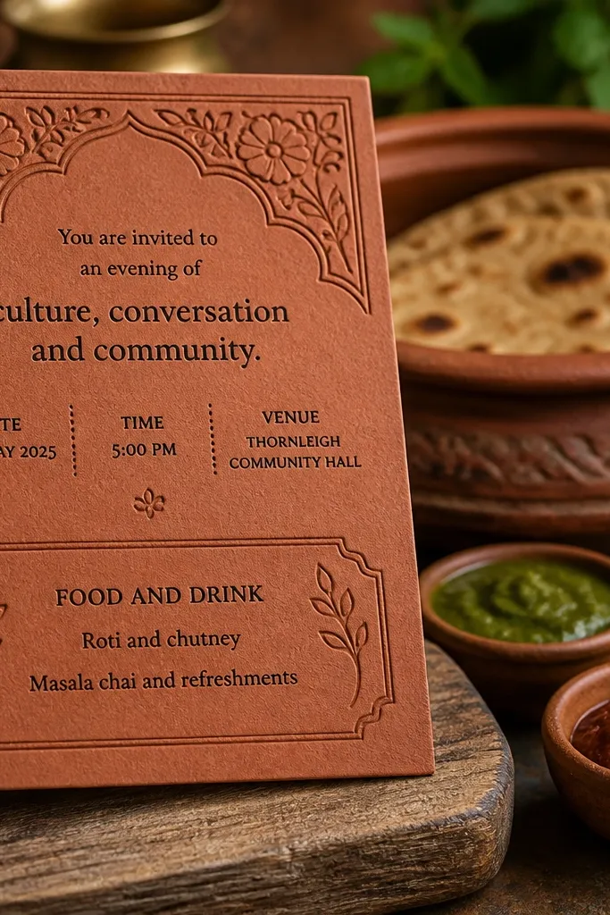 Terracotta clay background invite with roti and chutney wording